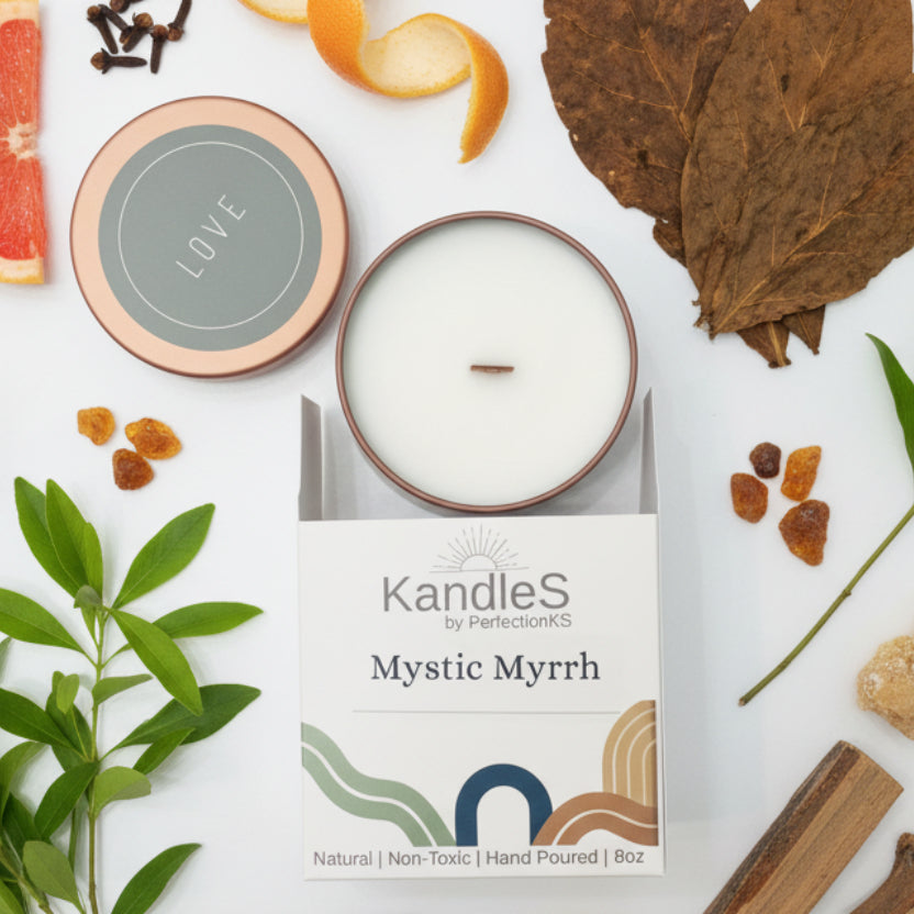 Mystic Myrrh Amber Luxury Candle | 8oz Non-Toxic Soy Candle with Wooden Wick | Clean Burn