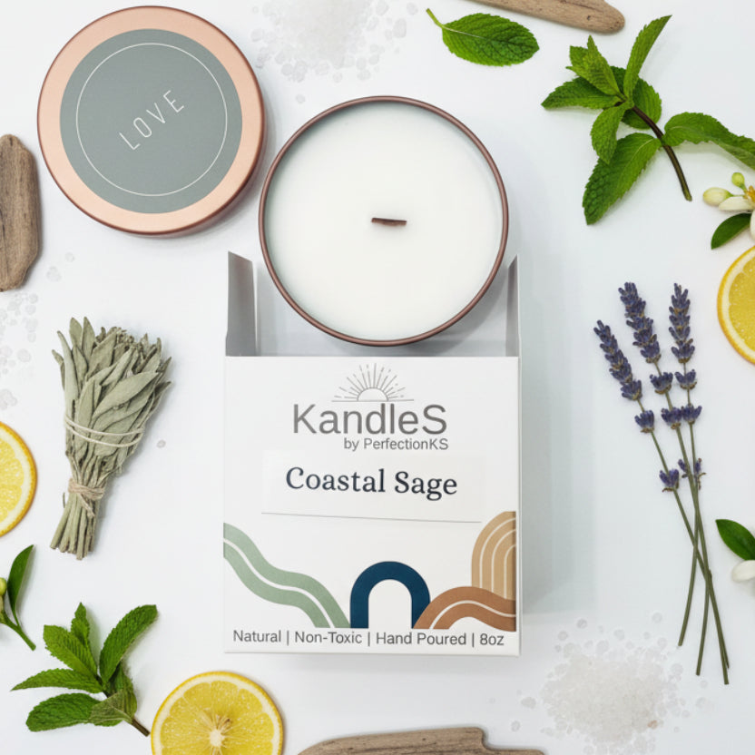 Coastal Sage Luxury Candle | 8oz Non-Toxic Soy Candle with Wooden Wick | Clean Burn