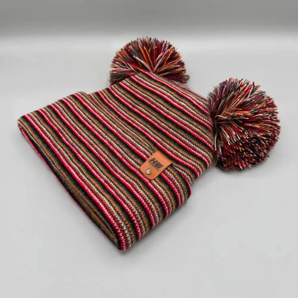 Patented H Stitch Beanie, Double Pom Pom, Multi Color