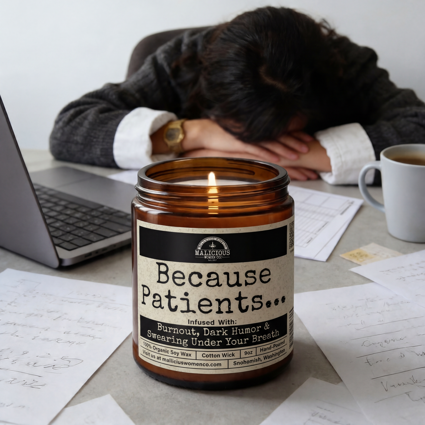 Because Patients... | Scent: Mahogany Coconut | 9oz Work Candle | Malicious Women Co