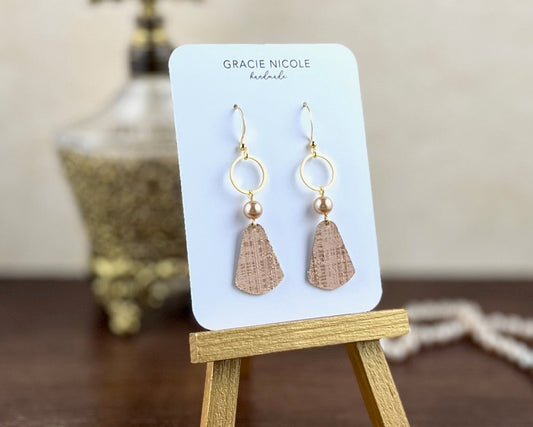 Dusty Pink Earrings with Faux Pearls and Gold Circle Accents