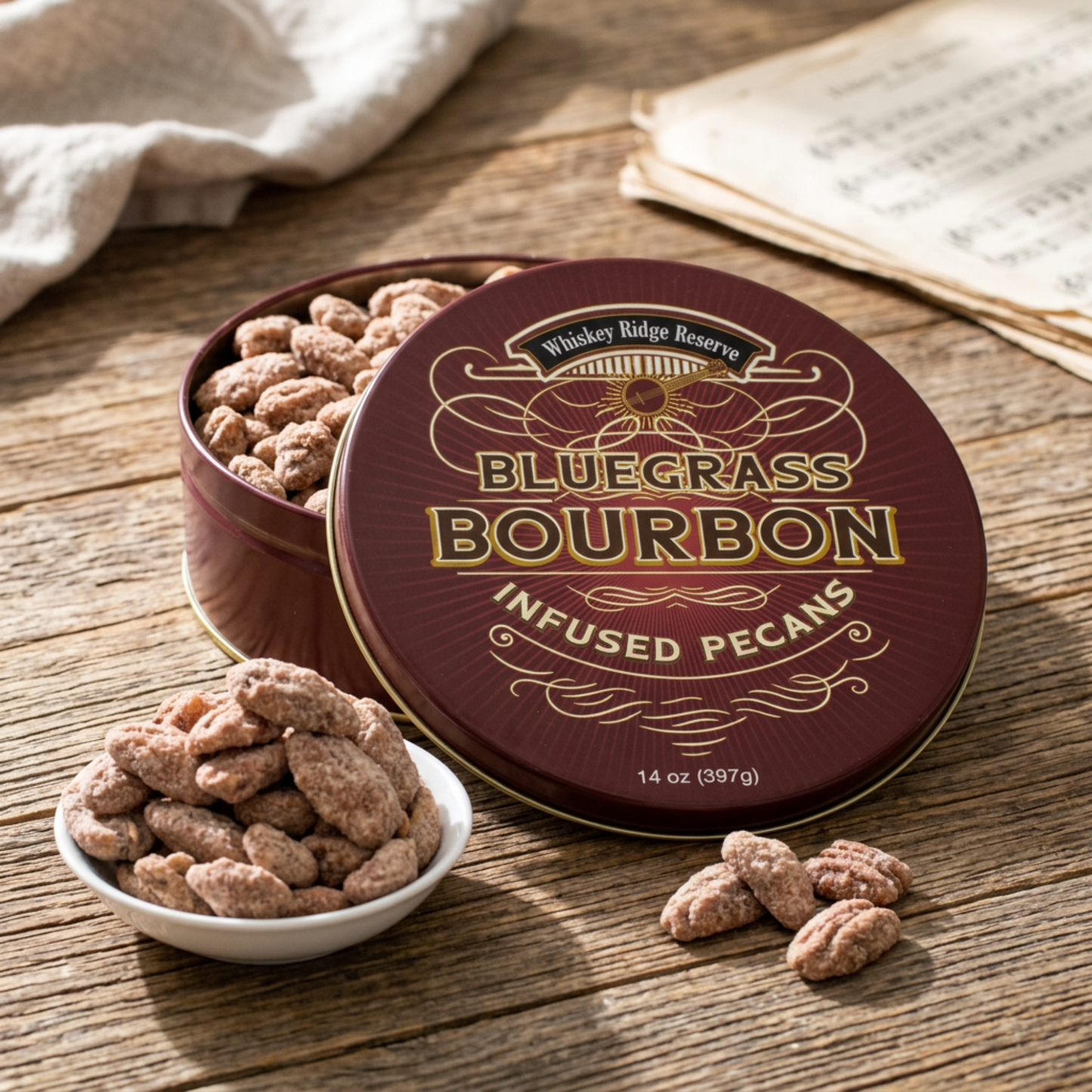 Whiskey Ridge Reserve Bourbon Infused Pecans – 14 oz Tin