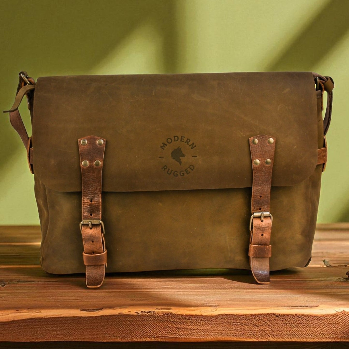 Bovine Leather Buckled Messenger Bag - Olive