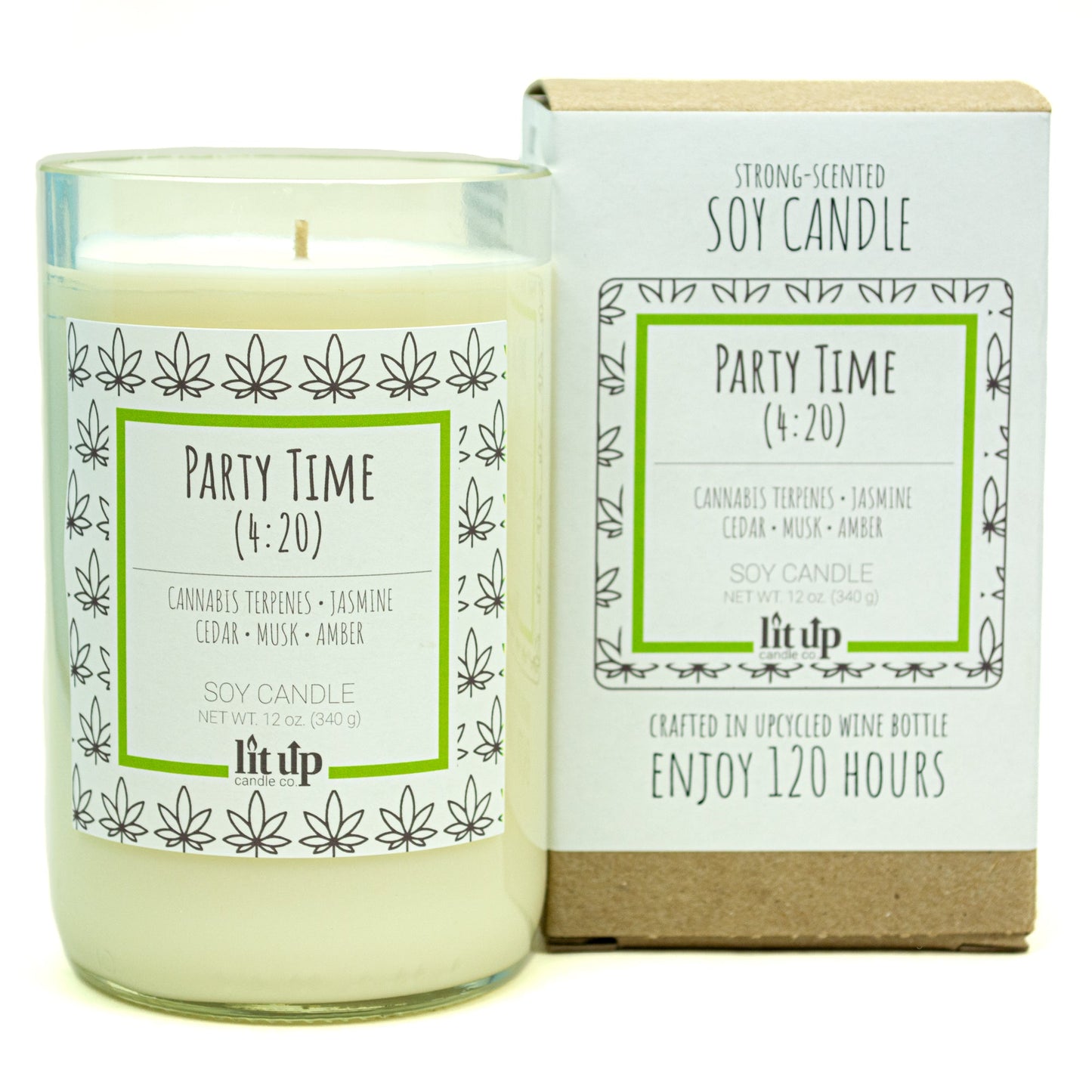 Party Time (4:20) 12 oz. soy candle in upcycled wine bottle | Cannabis, Jasmine, Cedar