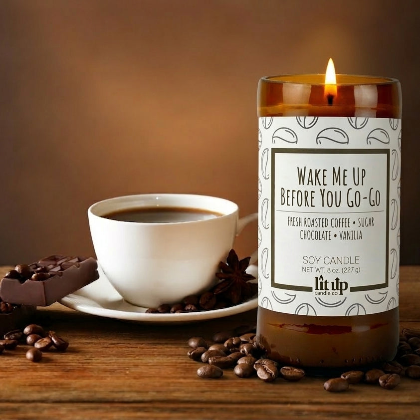 Wake Me Up Before You Go-Go 8 oz. soy candle in upcycled beer bottle | Coffee, Chocolate, Vanilla