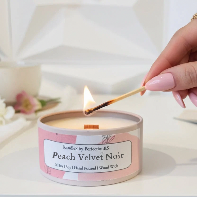 Peach Velvet Noir Luxury Candle | 8oz Non-Toxic Soy Candle with Wooden Wick | Clean Burn