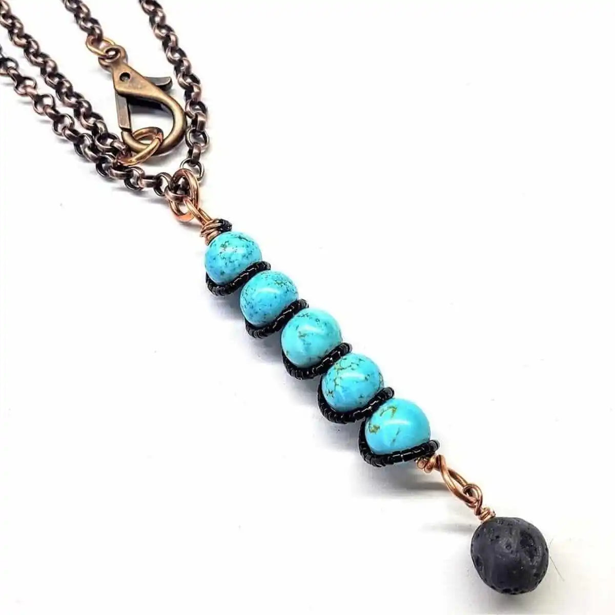 Copper Turquoise Pendant With Lava Rock Charm