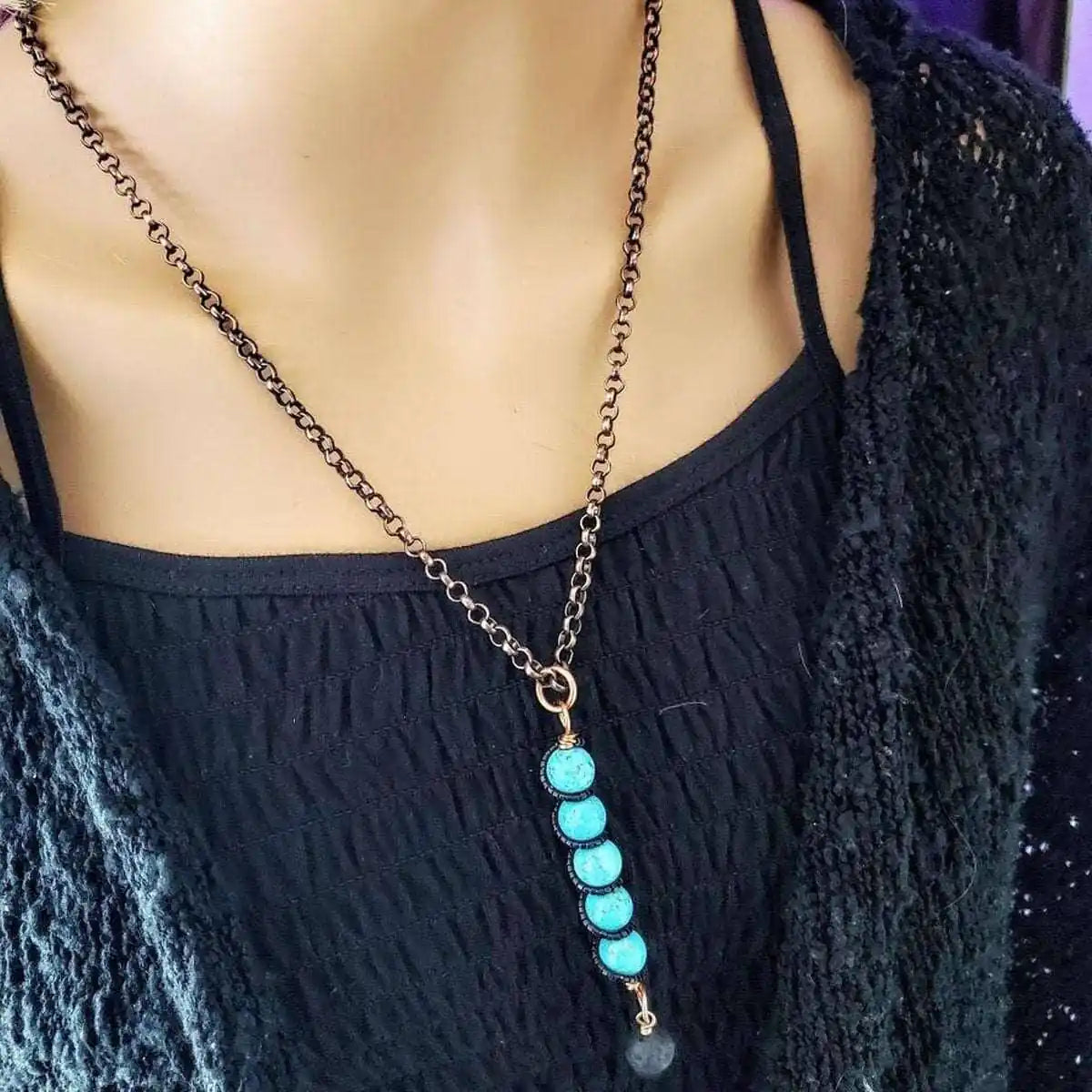 Copper Turquoise Pendant With Lava Rock Charm