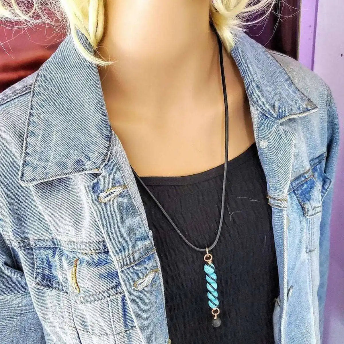 Copper Turquoise Pendant With Lava Rock Charm