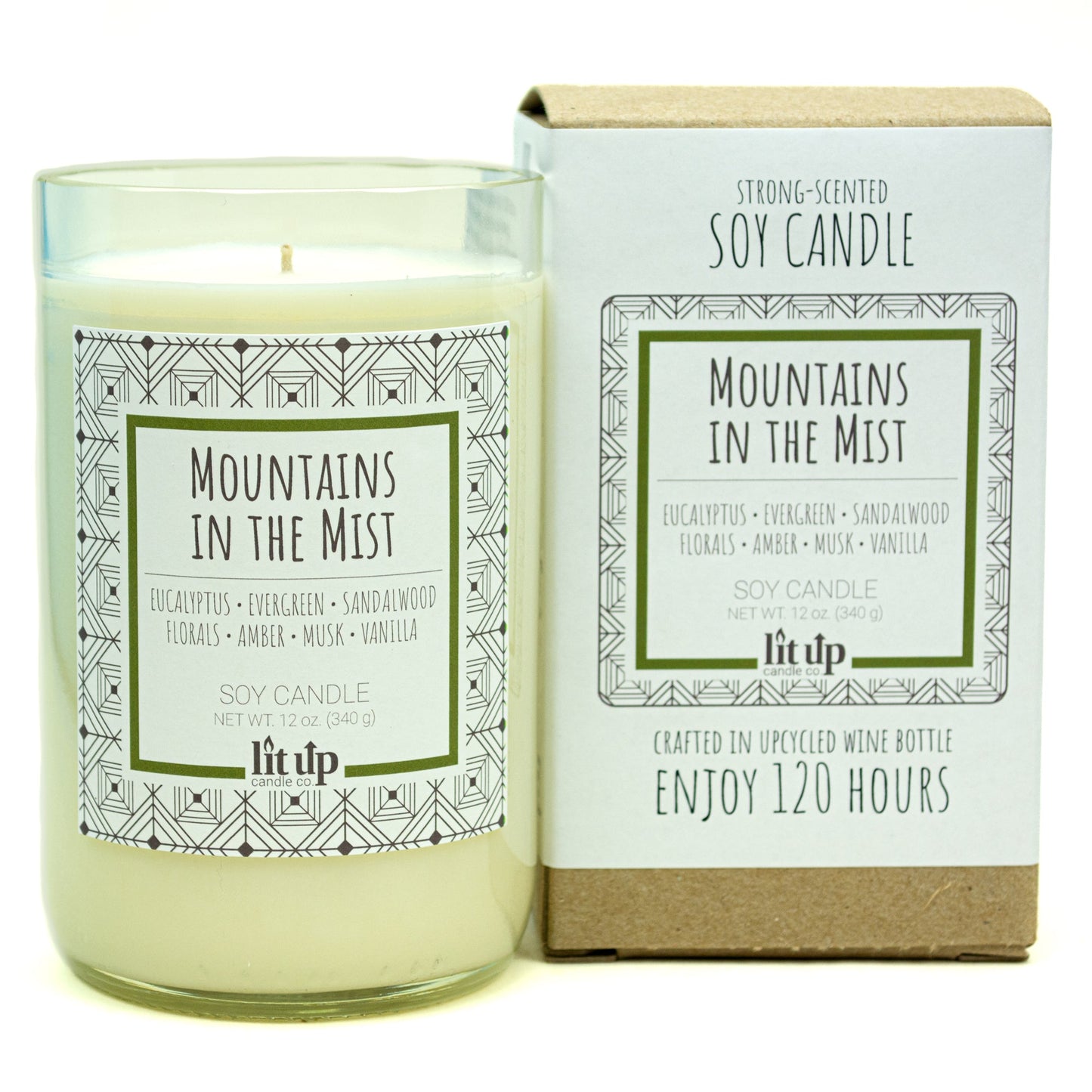 Mountains in the Mist 12 oz. soy candle in upcycled wine bottle | Eucalyptus, Sandalwood, Vanilla