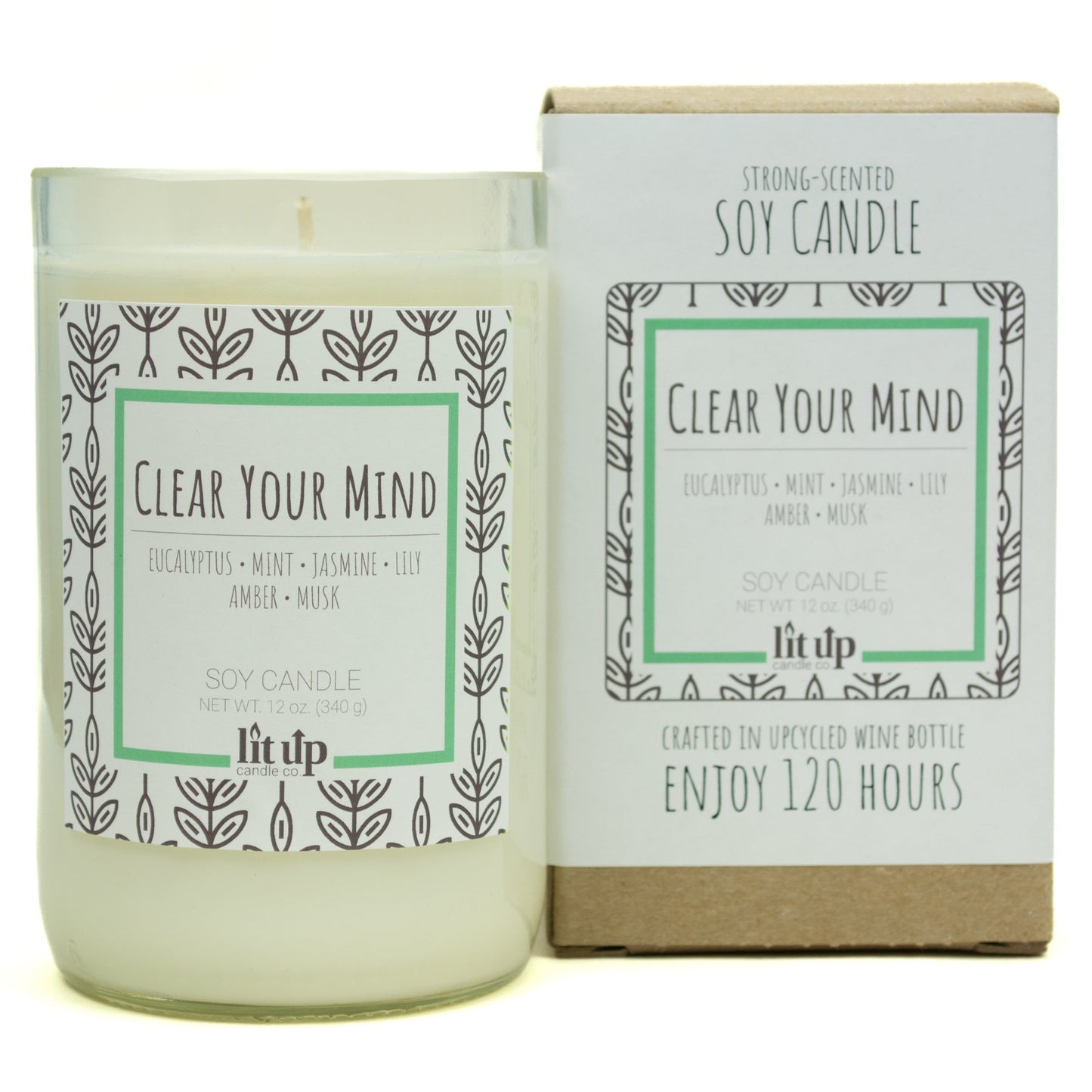 Clear Your Mind 12 oz. soy candle in upcycled wine bottle | Eucalyptus, Jasmine, Mint