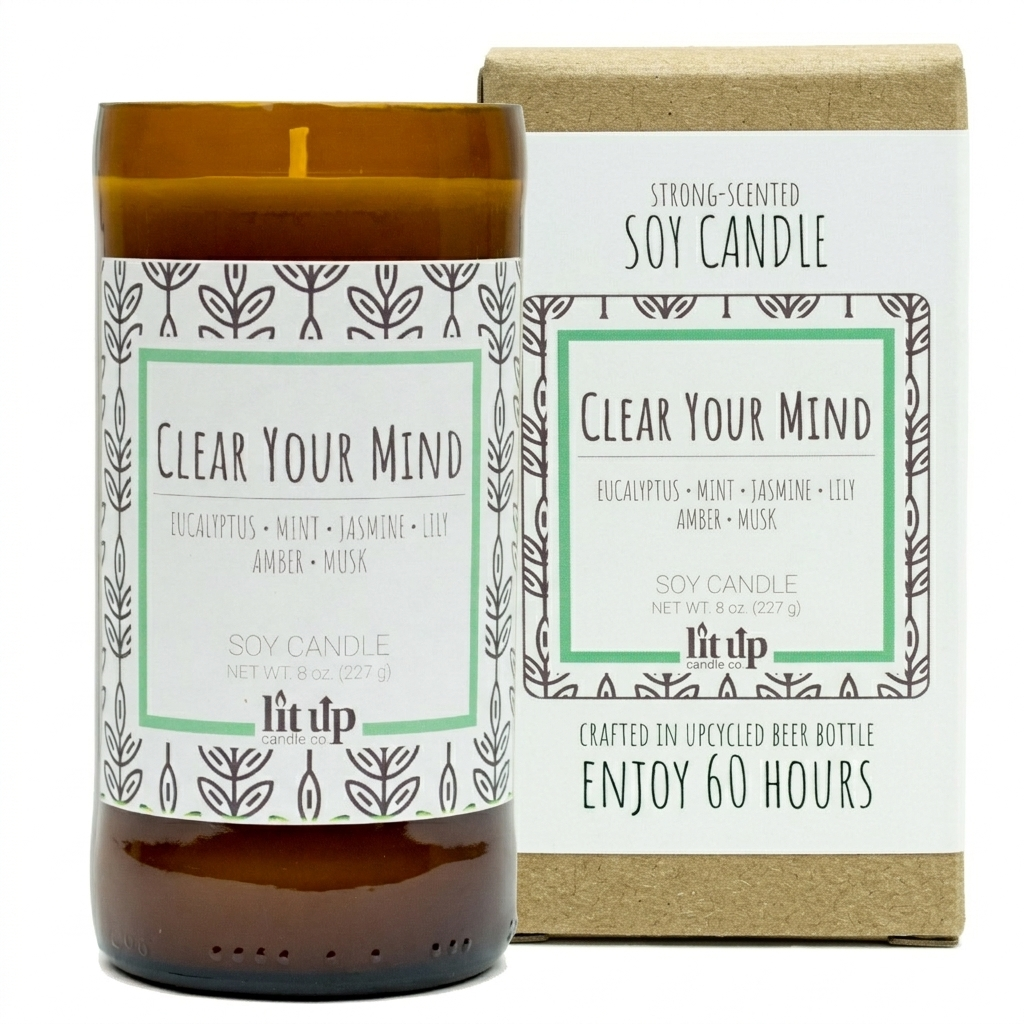 Clear Your Mind 8 oz. soy candle in upcycled beer bottle | Eucalyptus, Jasmine, Mint