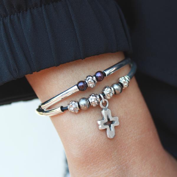 Faith Double-Strand Leather Bracelet with Silver Cross | Handmade in the USA