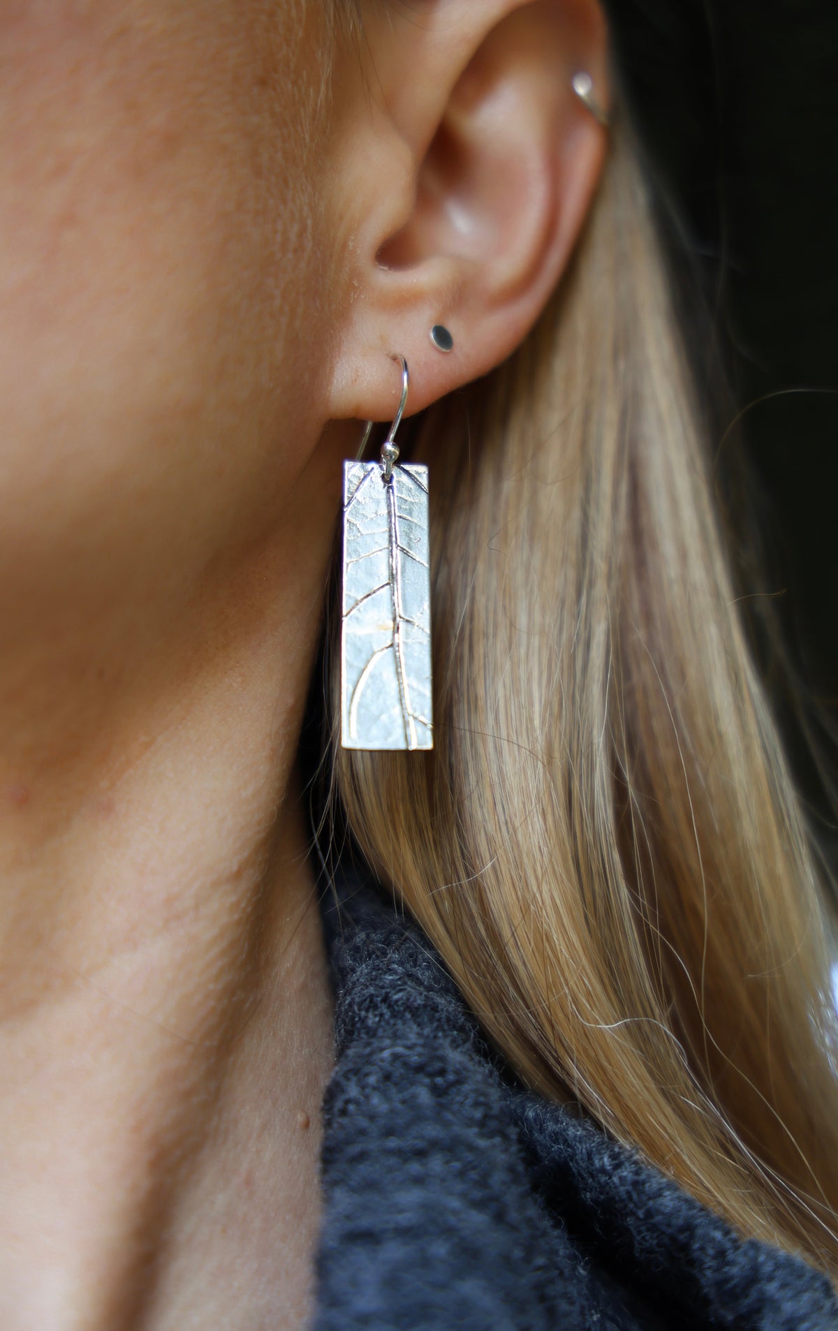 Botanical Minimalist lightweight recycled sterling silver rectangle earrings with leaf texture, minimalist