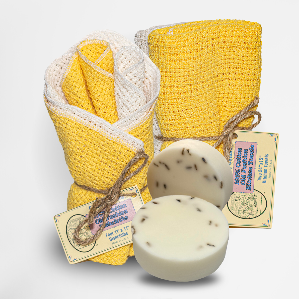 Starter Kit 100% Cotton Dishcloth 11" x 11" (4), Kitchen Towel 24" x 15" (2), Dish Soaps (1 Each Scent)