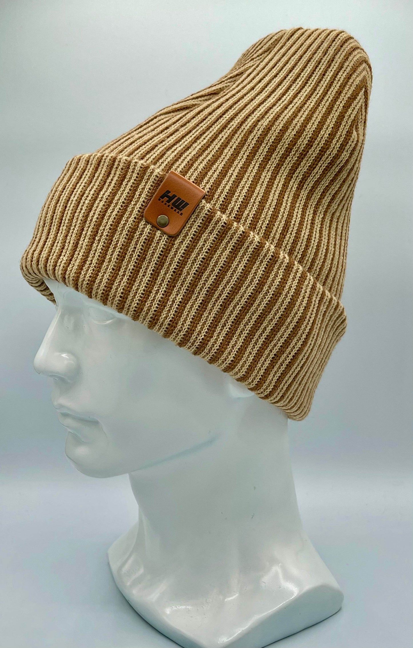 Haakwear Cuffed Wide Ribbed Striped Beanie, Contrast, Brown and Beige