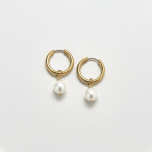 Gold Huggie Hoops with Freshwater Pearls – Handcrafted Bronze Hoops, Sterling Earwires, 14mm