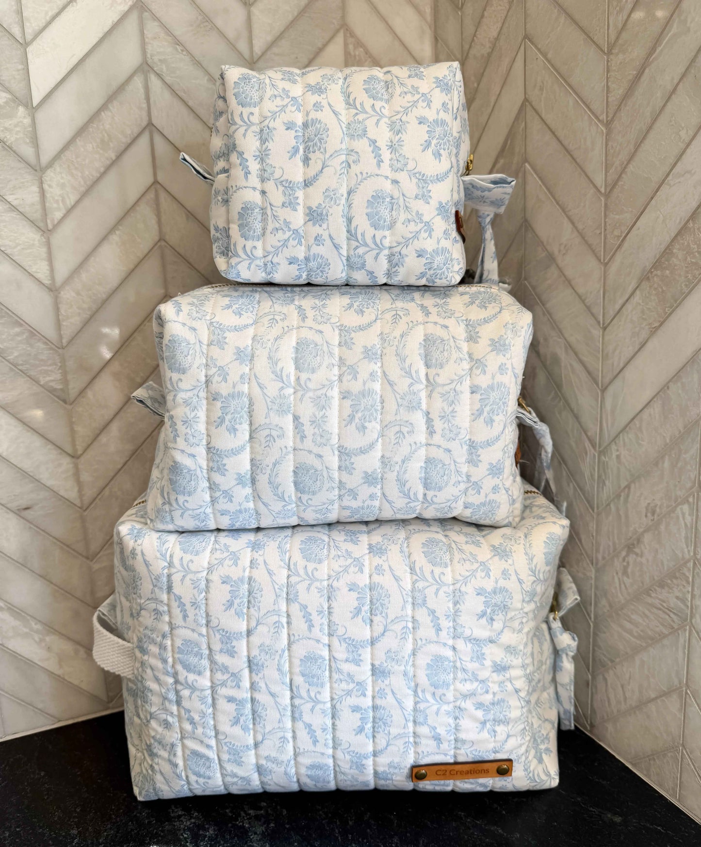 Handmade Blue Floral Makeup Bag - Unique Boxy Cosmetic Storage