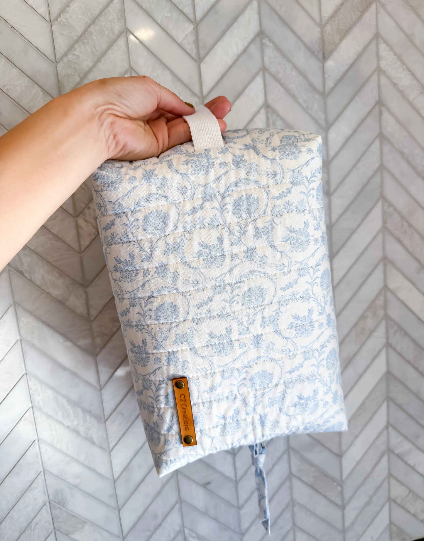 Handmade Blue Floral Makeup Bag - Unique Boxy Cosmetic Storage