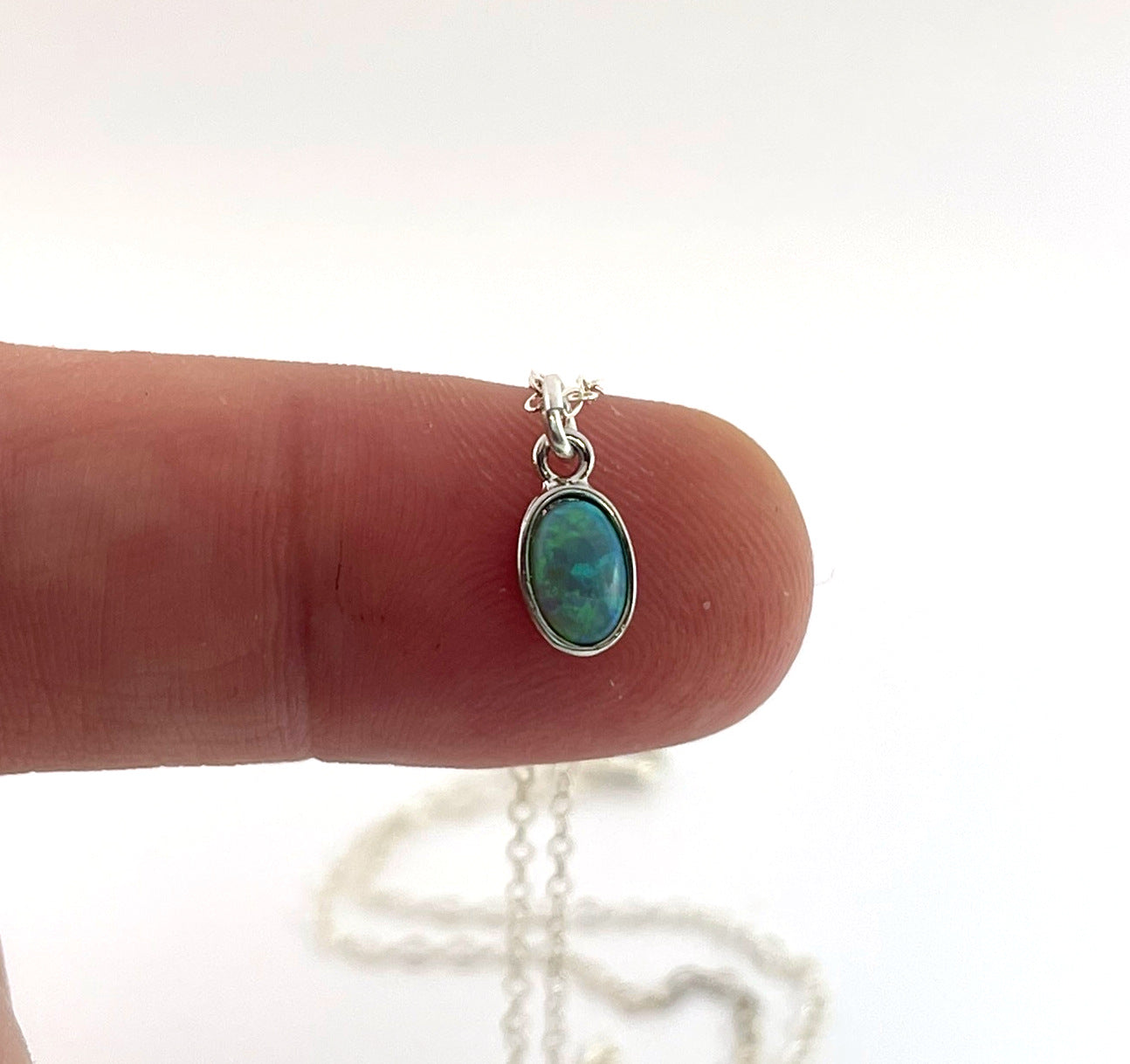 Tiny Opal Necklace – Dainty 16" Sterling Silver Chain with Oval Charm