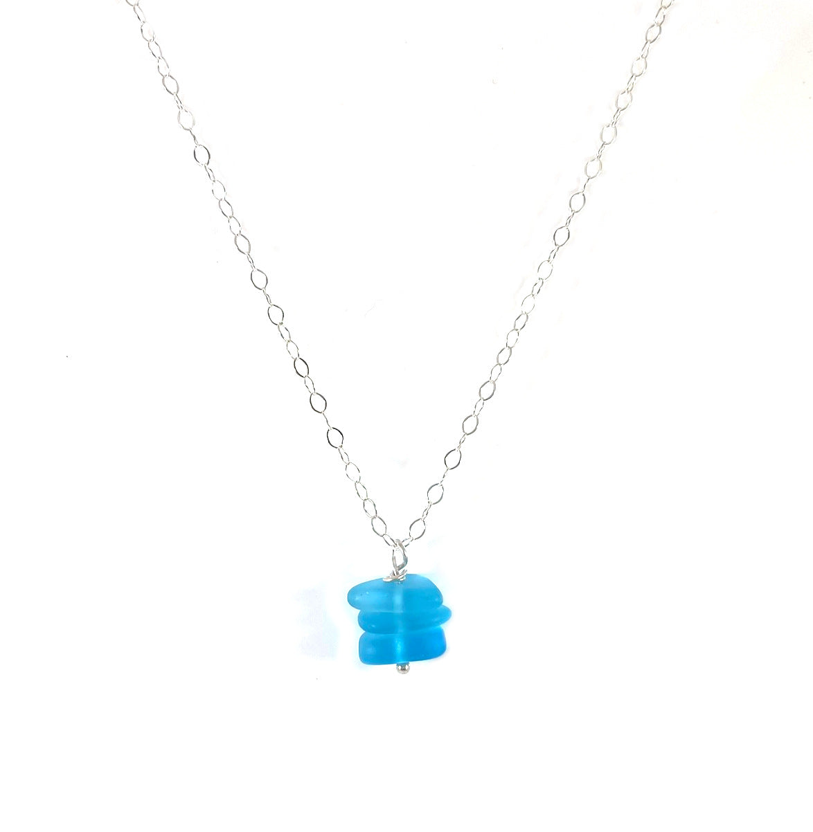 Aqua Sea Glass Trio Stack Necklace – Sterling Silver, 18”