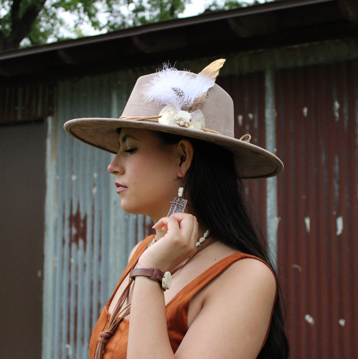 Copper Cross Earrings w/ White Turquoise Chunks 225f