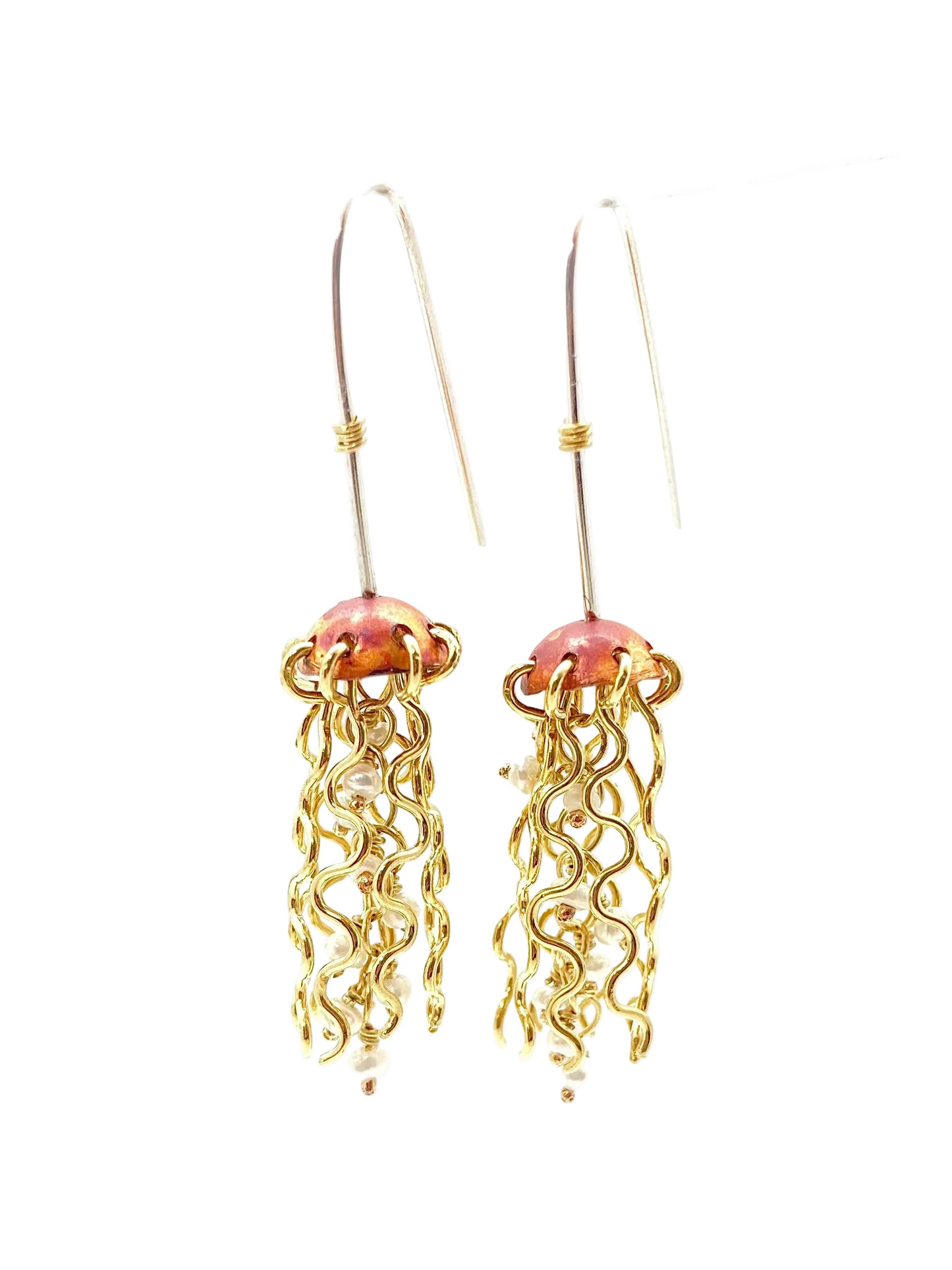 Mini Red Copper Jellyfish Earrings with White Pearls and Hypoallergenic Niobium Earwires
