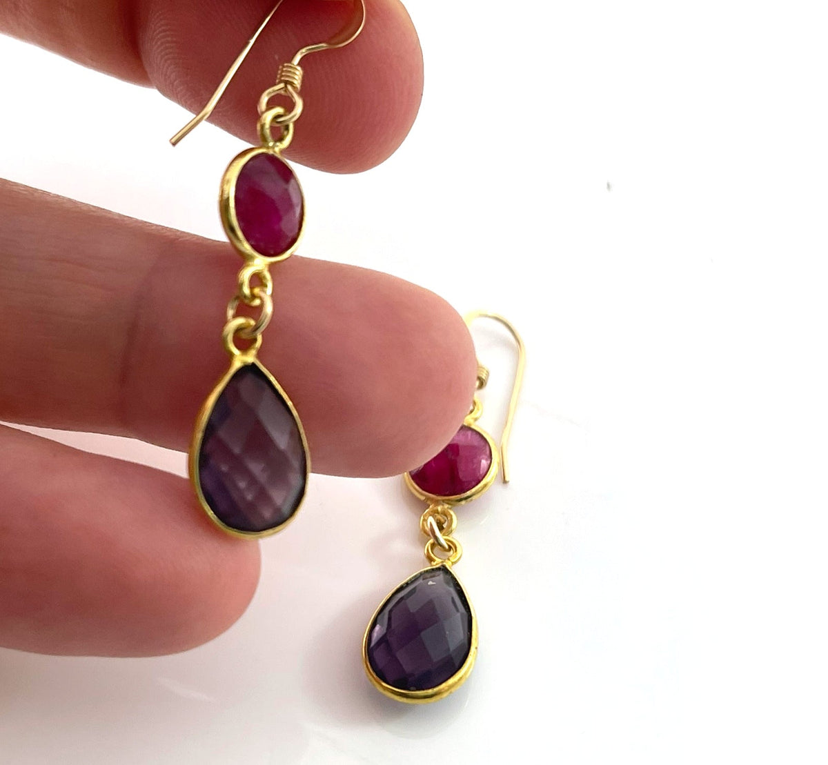 Dyed Ruby & Amethyst Gemstone Drop Earrings – 14k Gold Filled