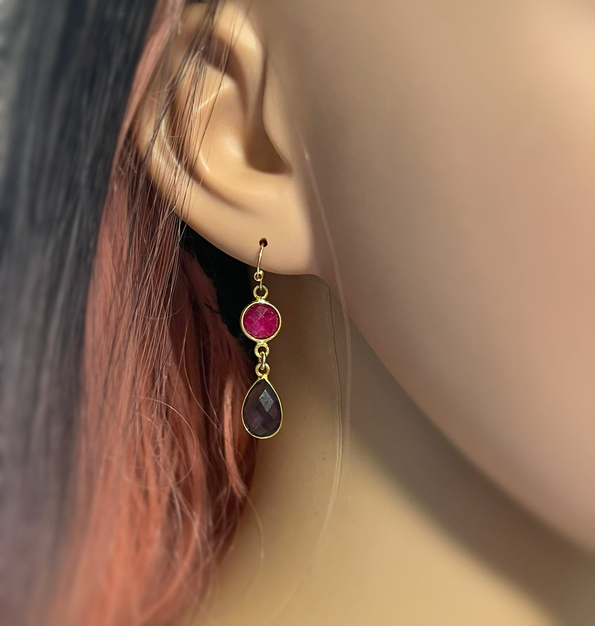 Dyed Ruby & Amethyst Gemstone Drop Earrings – 14k Gold Filled