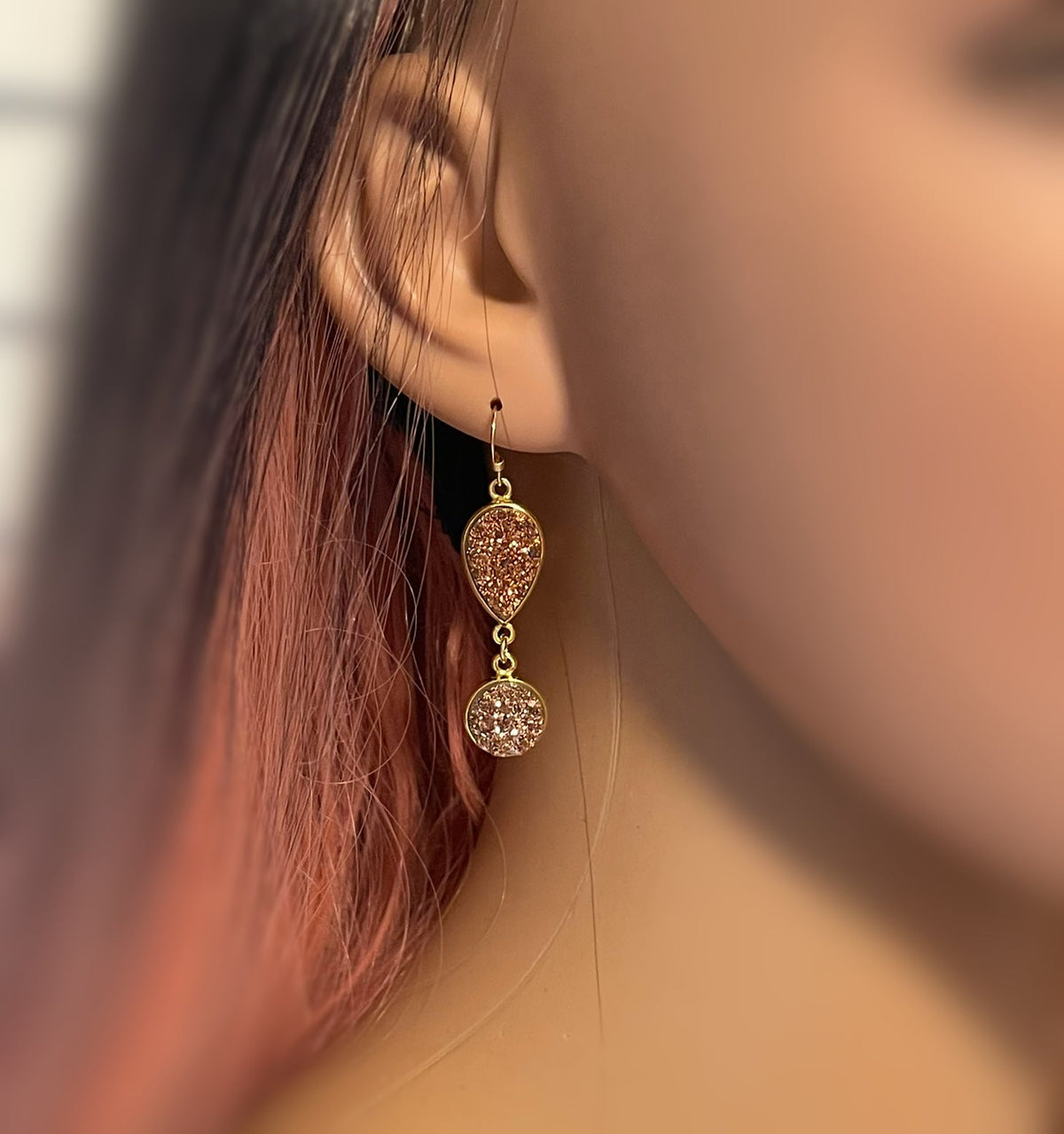 Rose Gold Druzy Drop Earrings – 14k Gold Filled