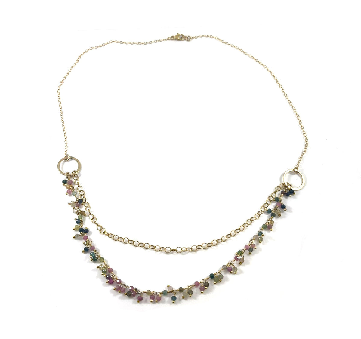 One of a Kind Tourmaline Cluster Necklace – Dual Layer Gold Filled Statement Necklace – Handmade in Raleigh