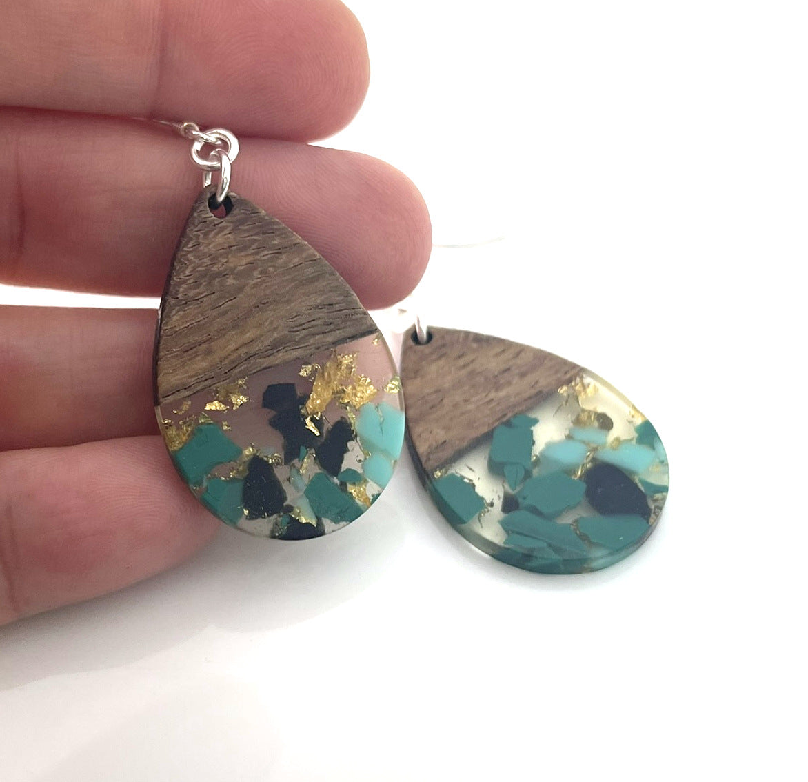 Upcycled Wood & Resin Teardrop Earrings – Sterling Silver Hooks – Handmade in Raleigh