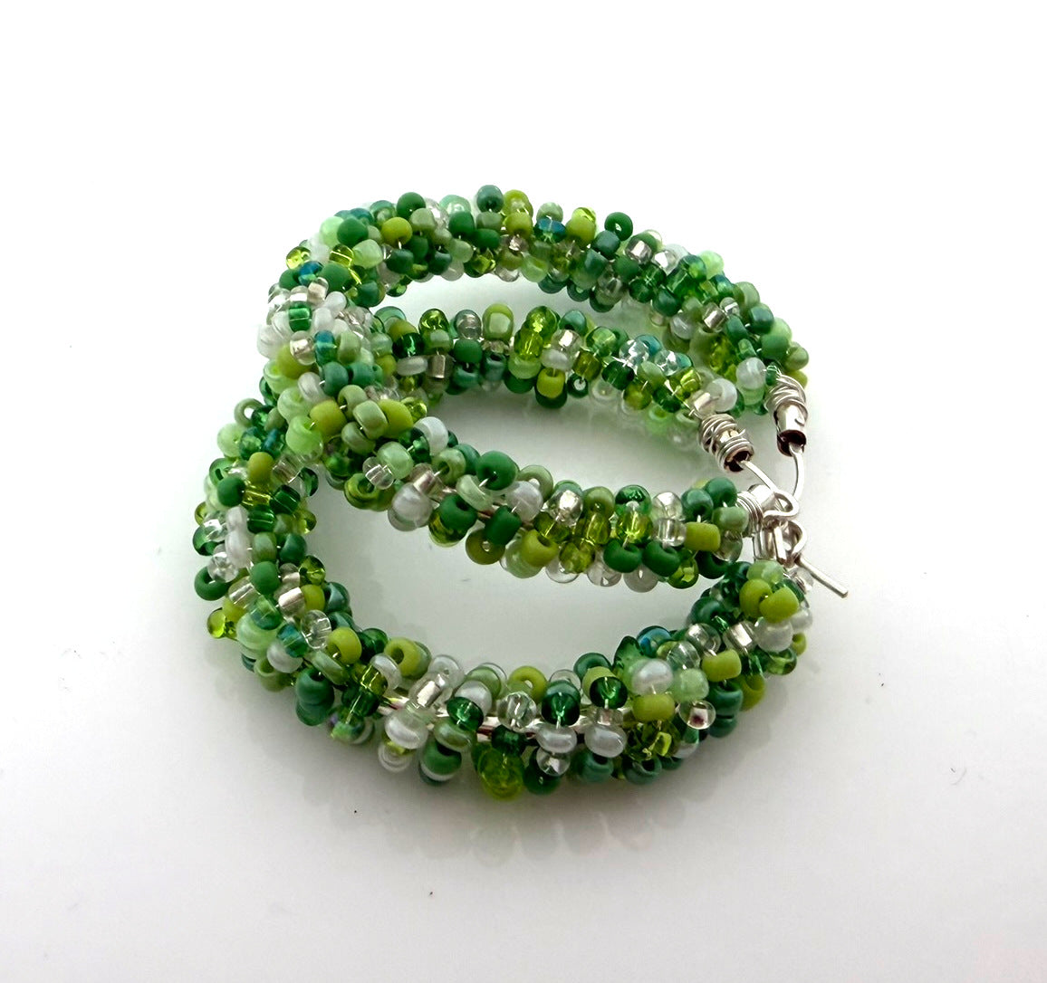 St. Patrick’s Inspired Green Beaded Hoop Earrings – Sterling Silver Wire Wrapped Seed Bead Hoops – 1.5 Inch Festive Statement Earrings