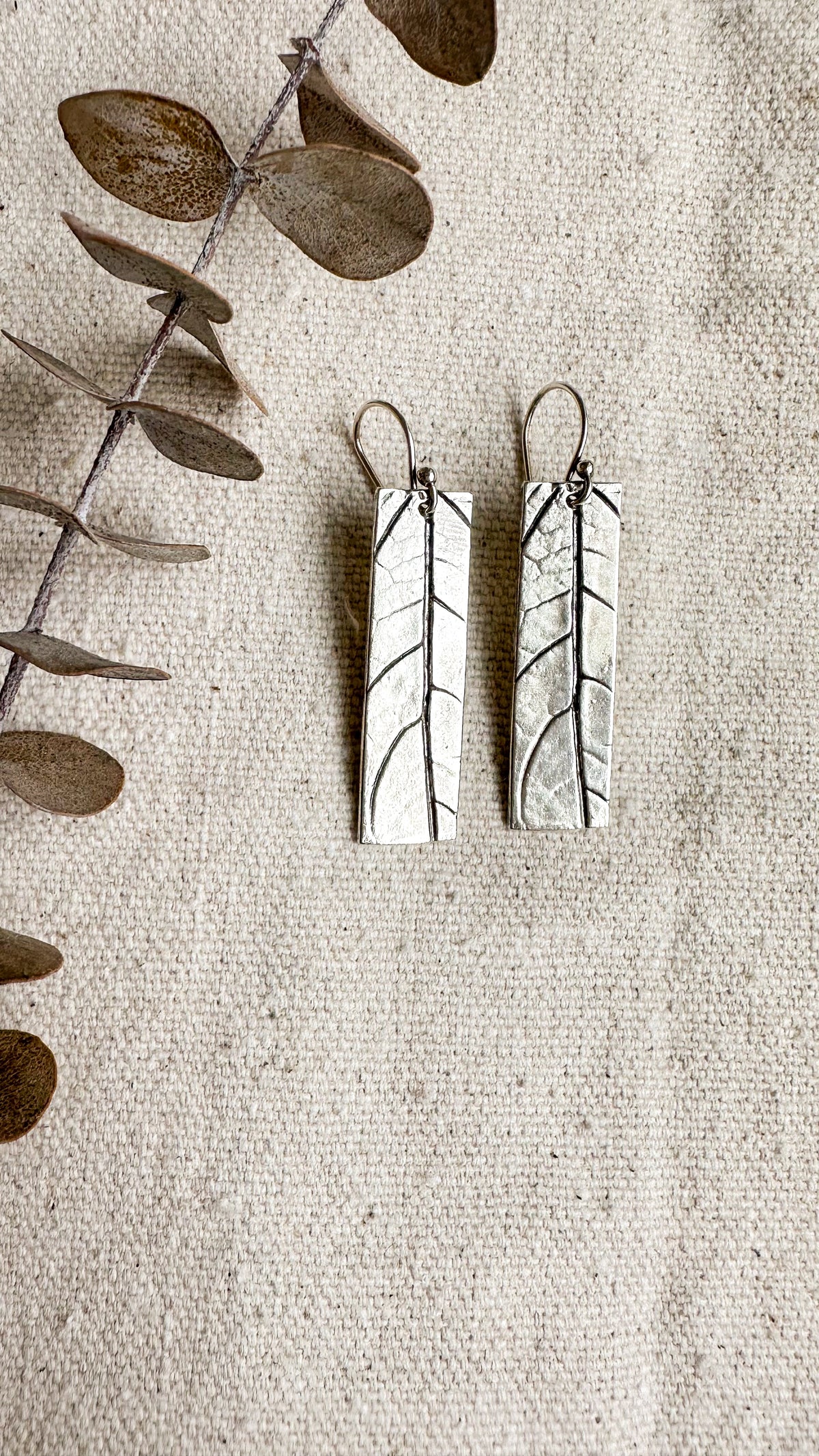 Botanical Minimalist lightweight recycled sterling silver rectangle earrings with leaf texture, minimalist