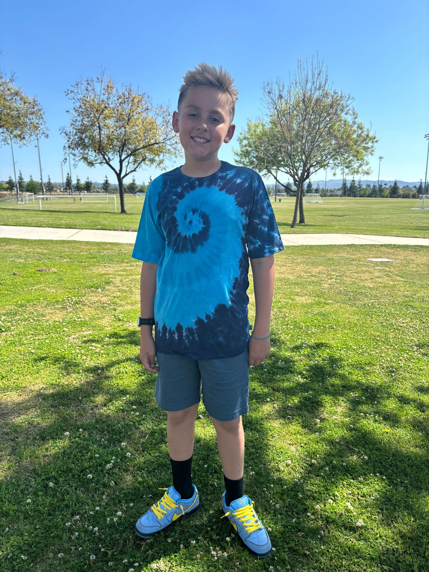 Boys Tie-Dye Soft 100% Organic Cotton Jersey Short Sleeve Crew Tee  | Blues Spiral