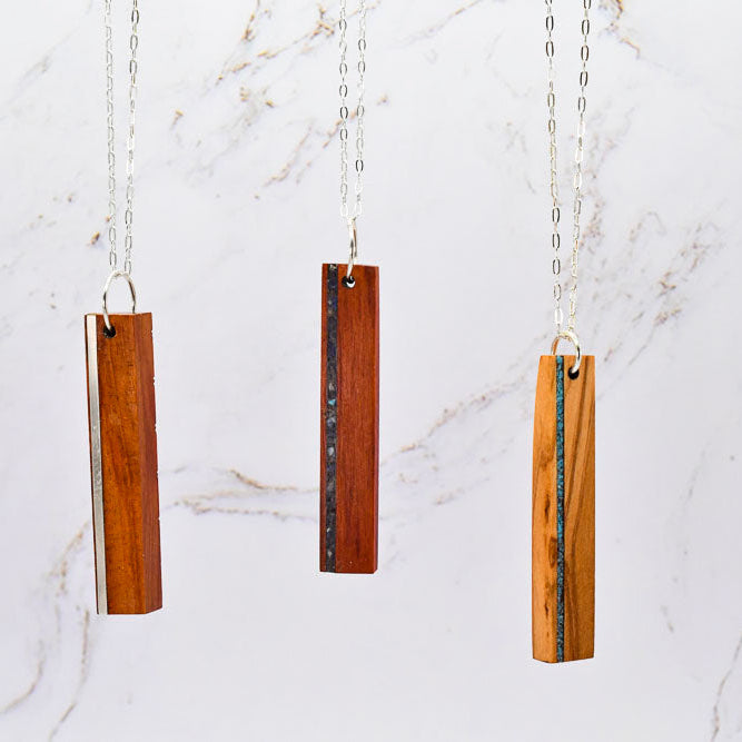 Wood & Sterling Silver Bar Necklace, Vertical Stone Inlay