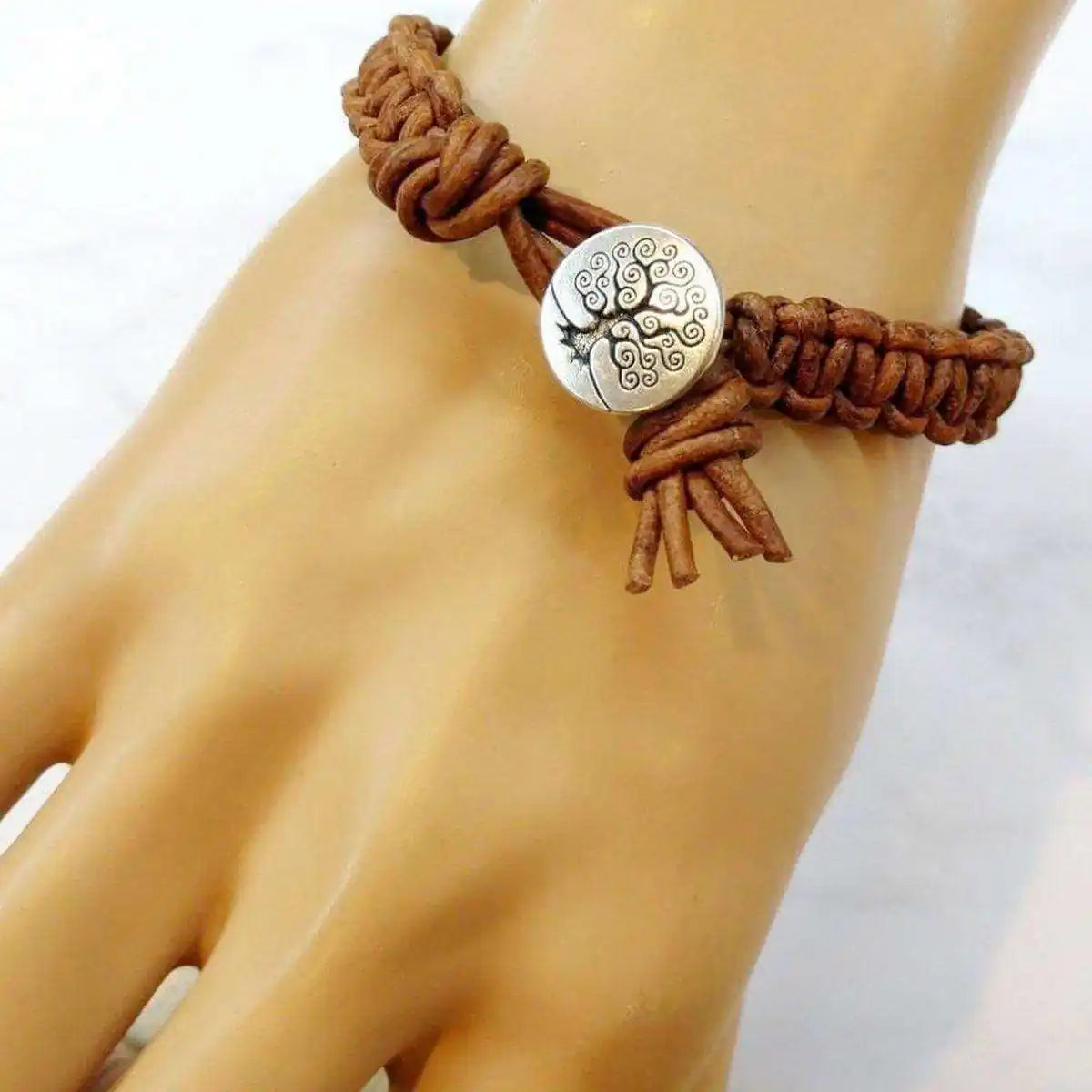 Large Mens Tree of Life Earth Color Macrame Leather Bracelet