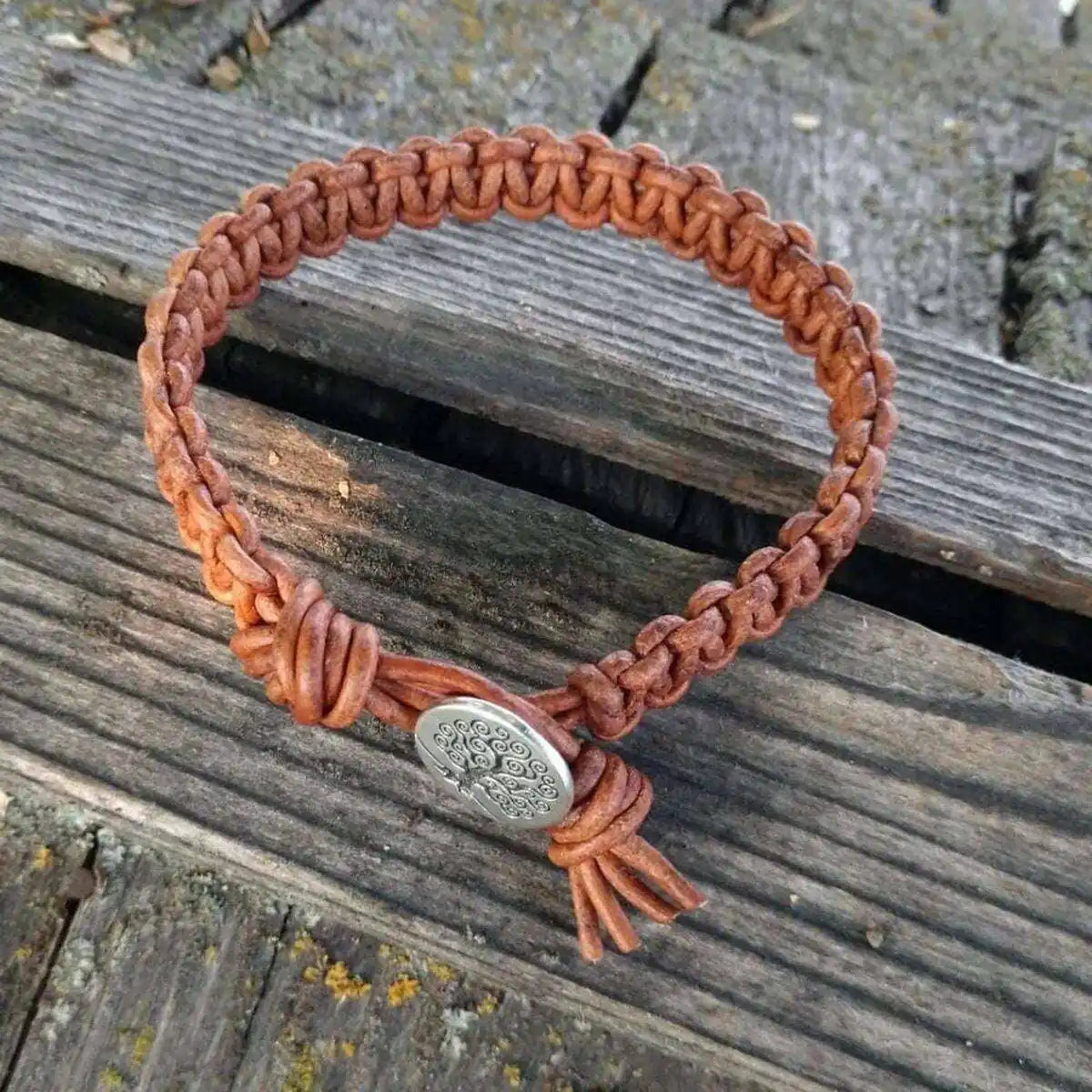 Large Mens Tree of Life Earth Color Macrame Leather Bracelet