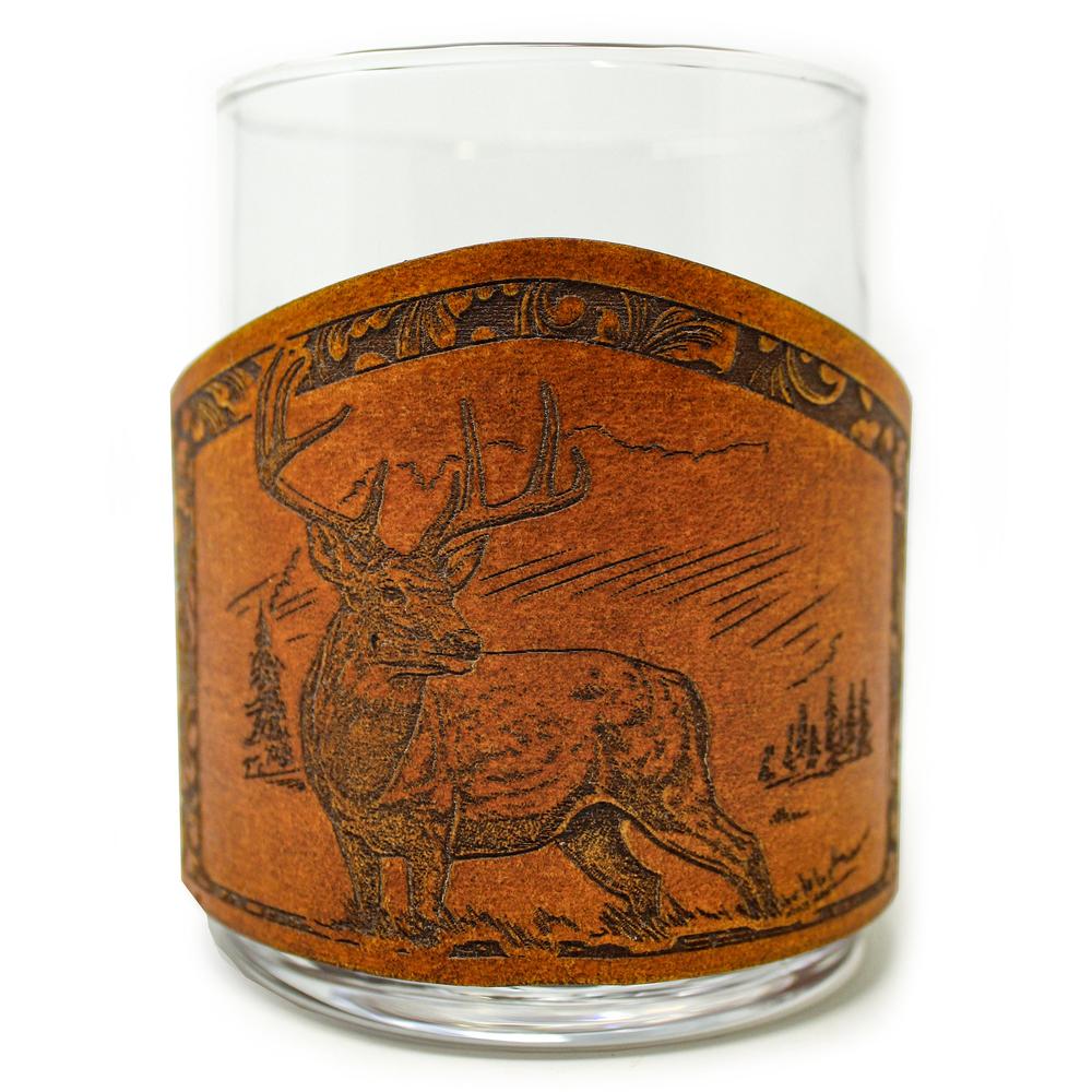 Handcrafted Leather Wrapped Whiskey Glass | Big Buck Deer