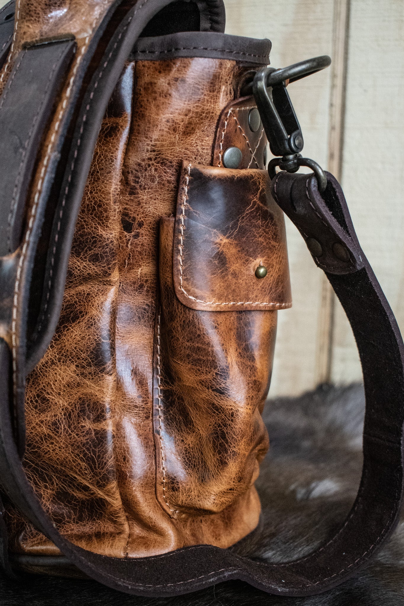 Leather Hide Laptop Bag - Rustic Chestnut and Dark Brown (Buckles)