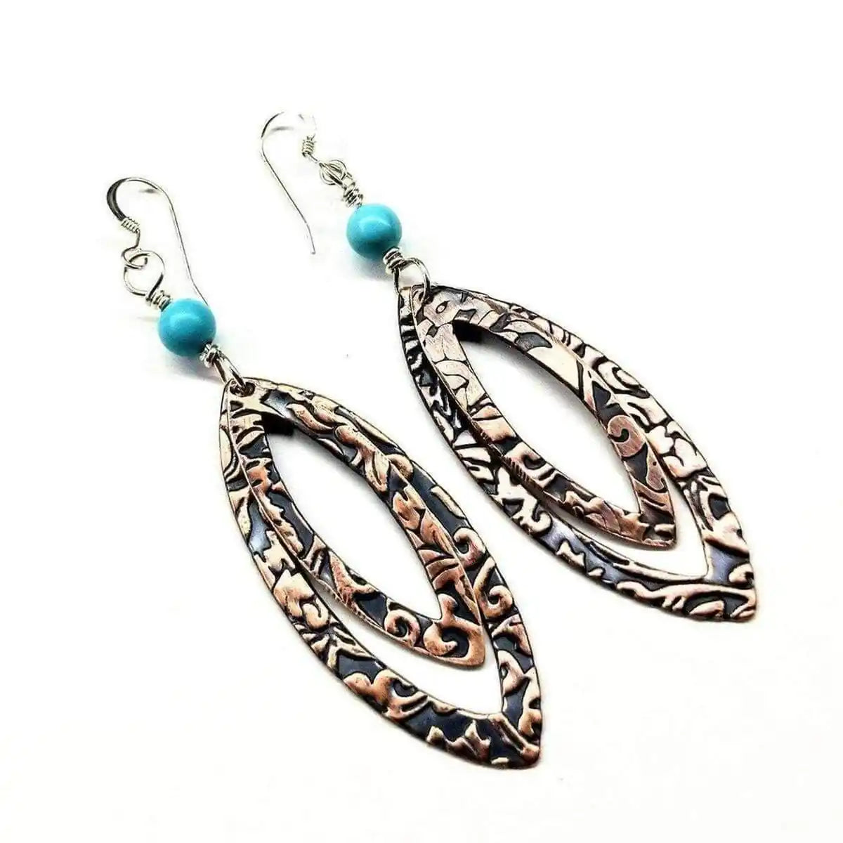 Copper Embossed Pointed Oval Turquoise Bead Earrings
