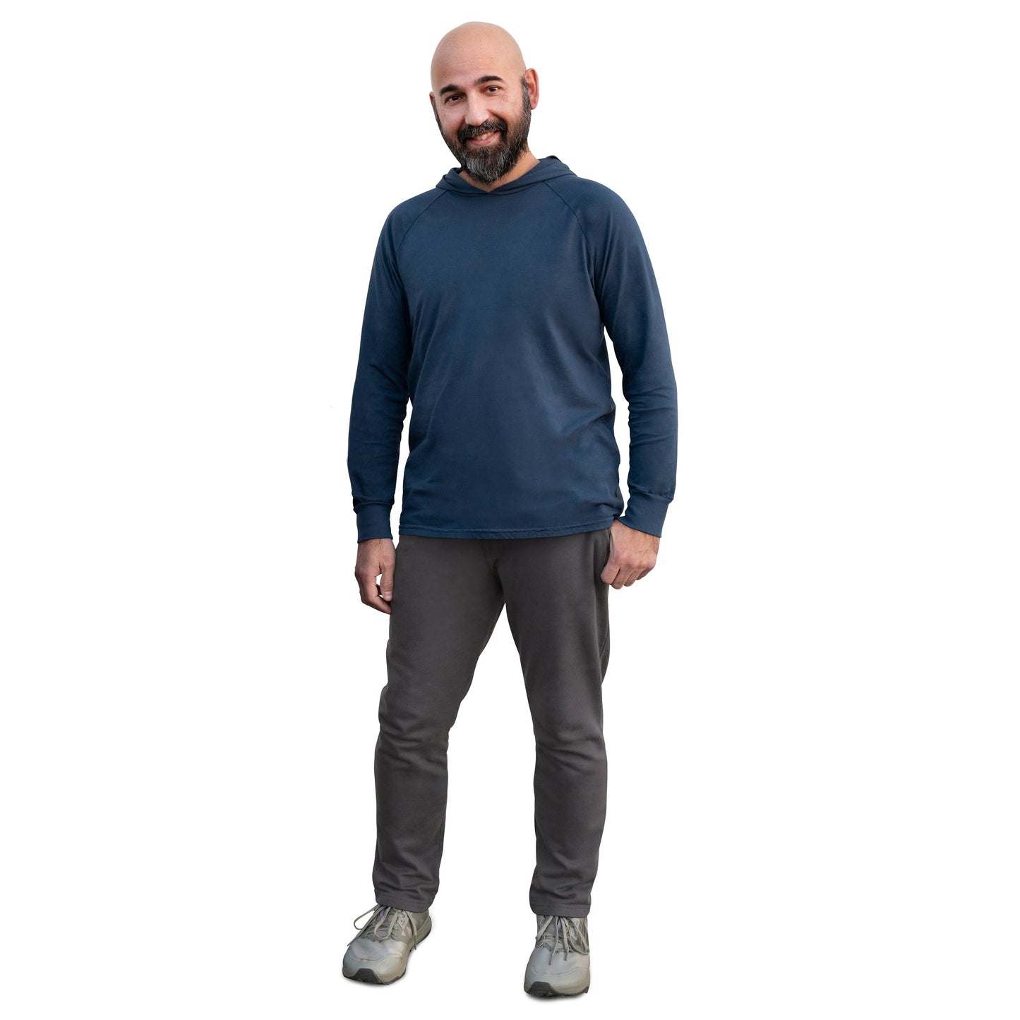 Men's Soft 100% Cotton Medium-Weight Long Sleeve Hooded Tee With Cuffs | Midnight