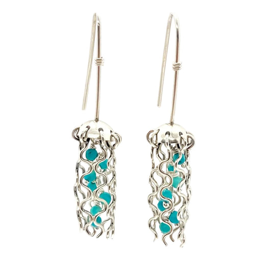 Mini Jellyfish Earrings in Sterling Silver with Turquoise Beads and Hypoallergenic Niobium Earwires