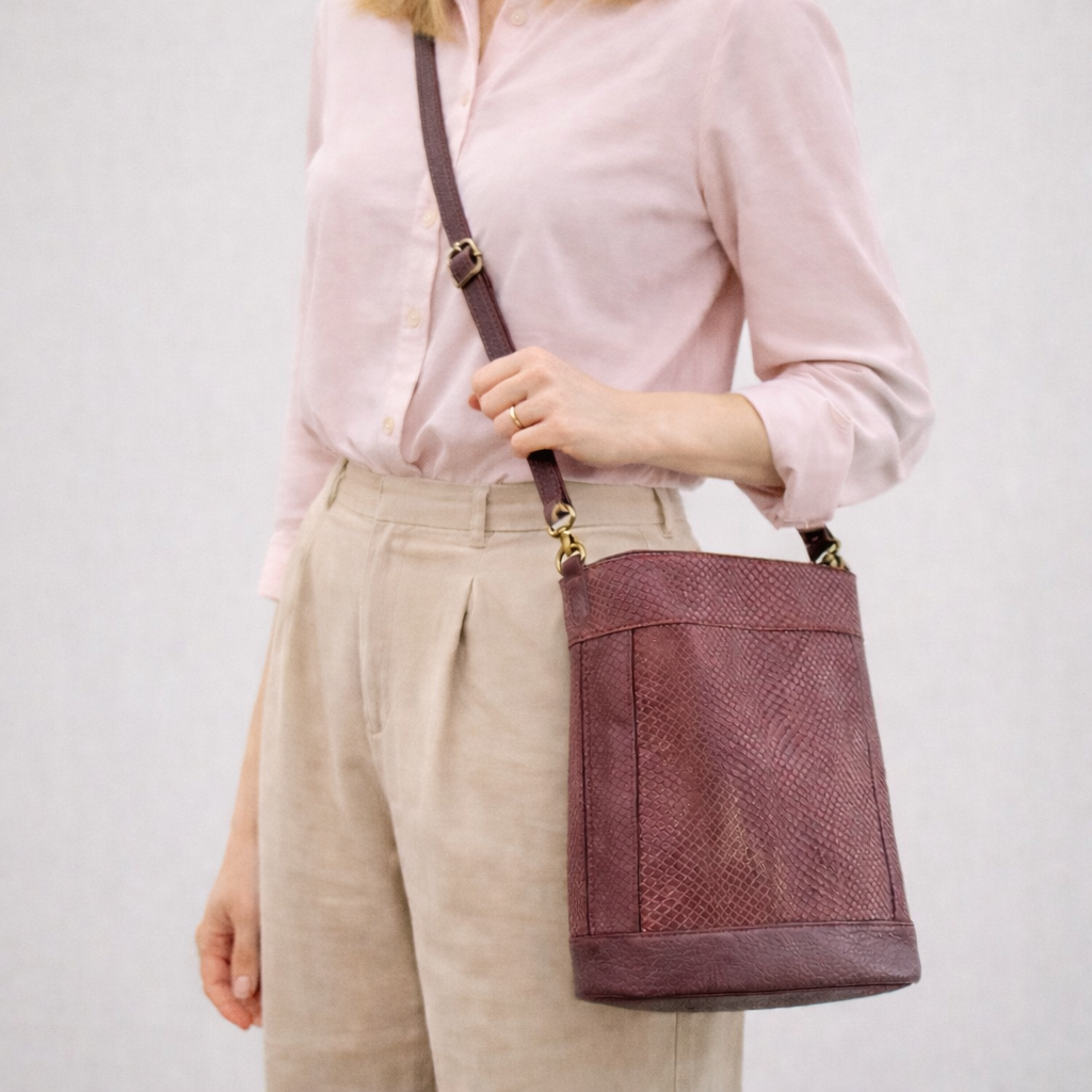 Bucket Bag in Snake Skin Embossed Leather, Mulberry, RTS