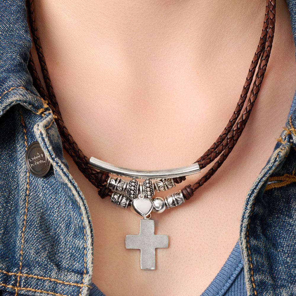 Naomi Braided Brown Leather Convertible Wrap Bracelet Necklace with Silver Crescent & Beads