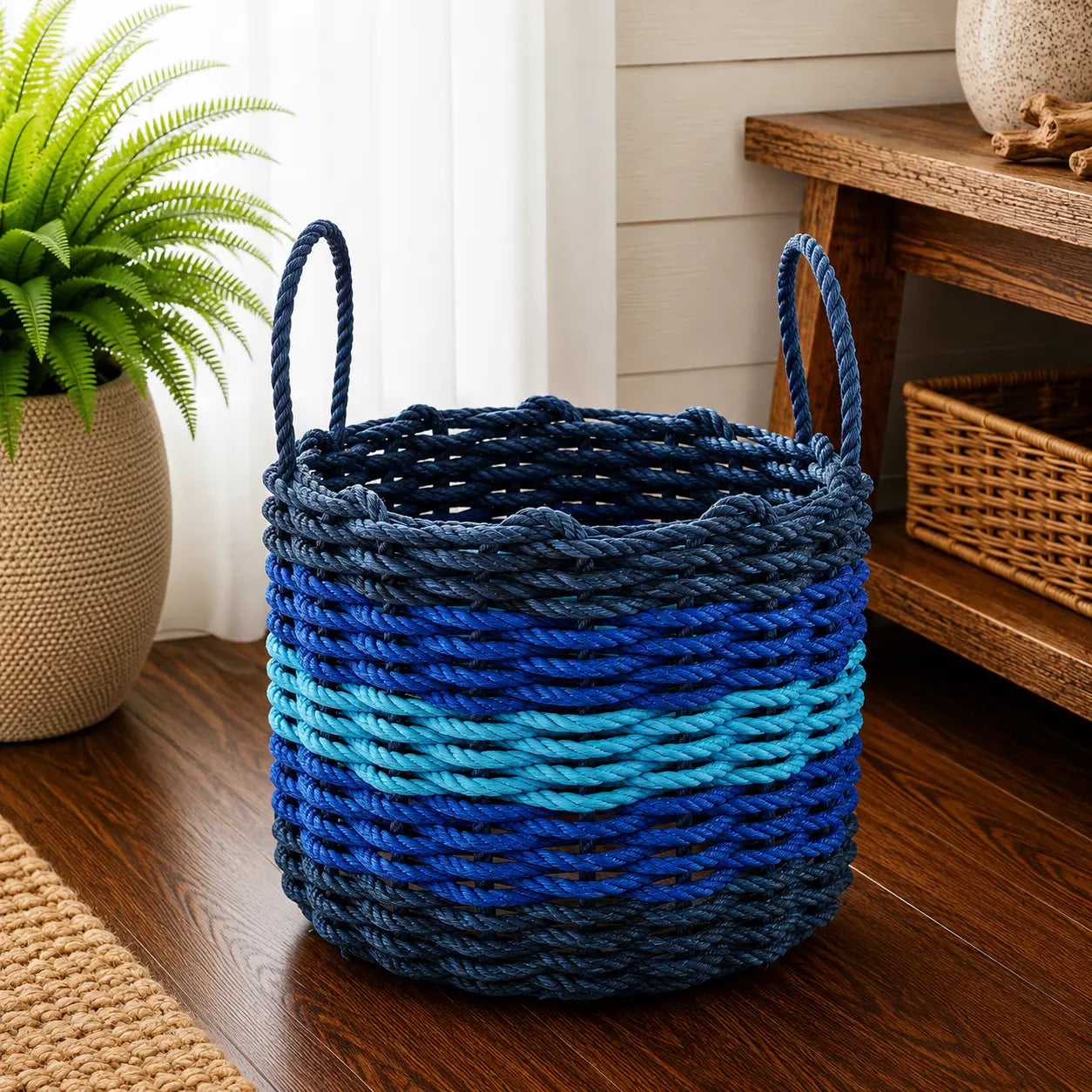 Navy Blue, Blue & Light Blue Five Stripe Rope Basket