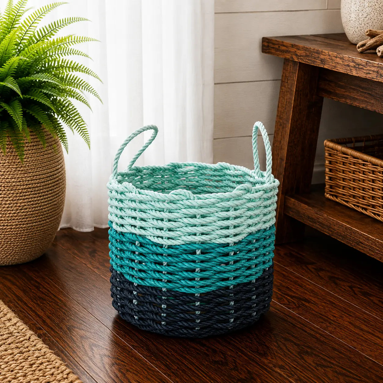 Navy Blue, Teal & Seafoam Ombre Rope Basket