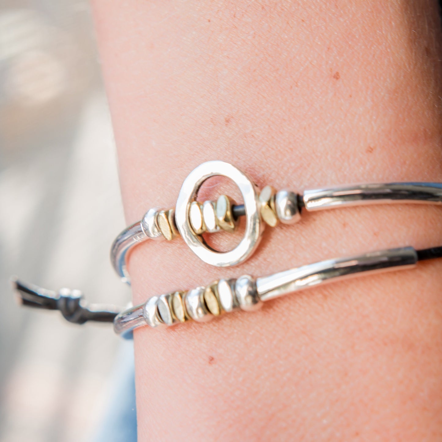 Optimism Two-Tone Adjustable Leather Bracelet | Silver & Gold Beads