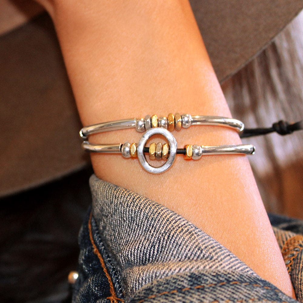 Optimism Two-Tone Adjustable Leather Bracelet | Silver & Gold Beads