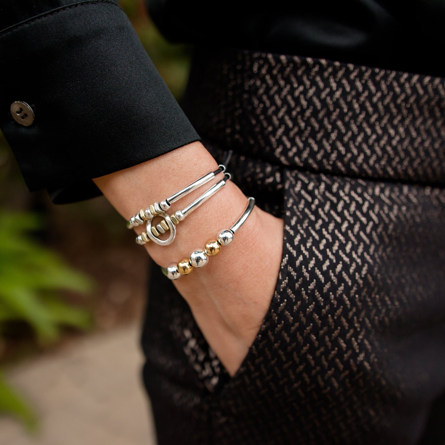 Optimism Two-Tone Adjustable Leather Bracelet | Silver & Gold Beads